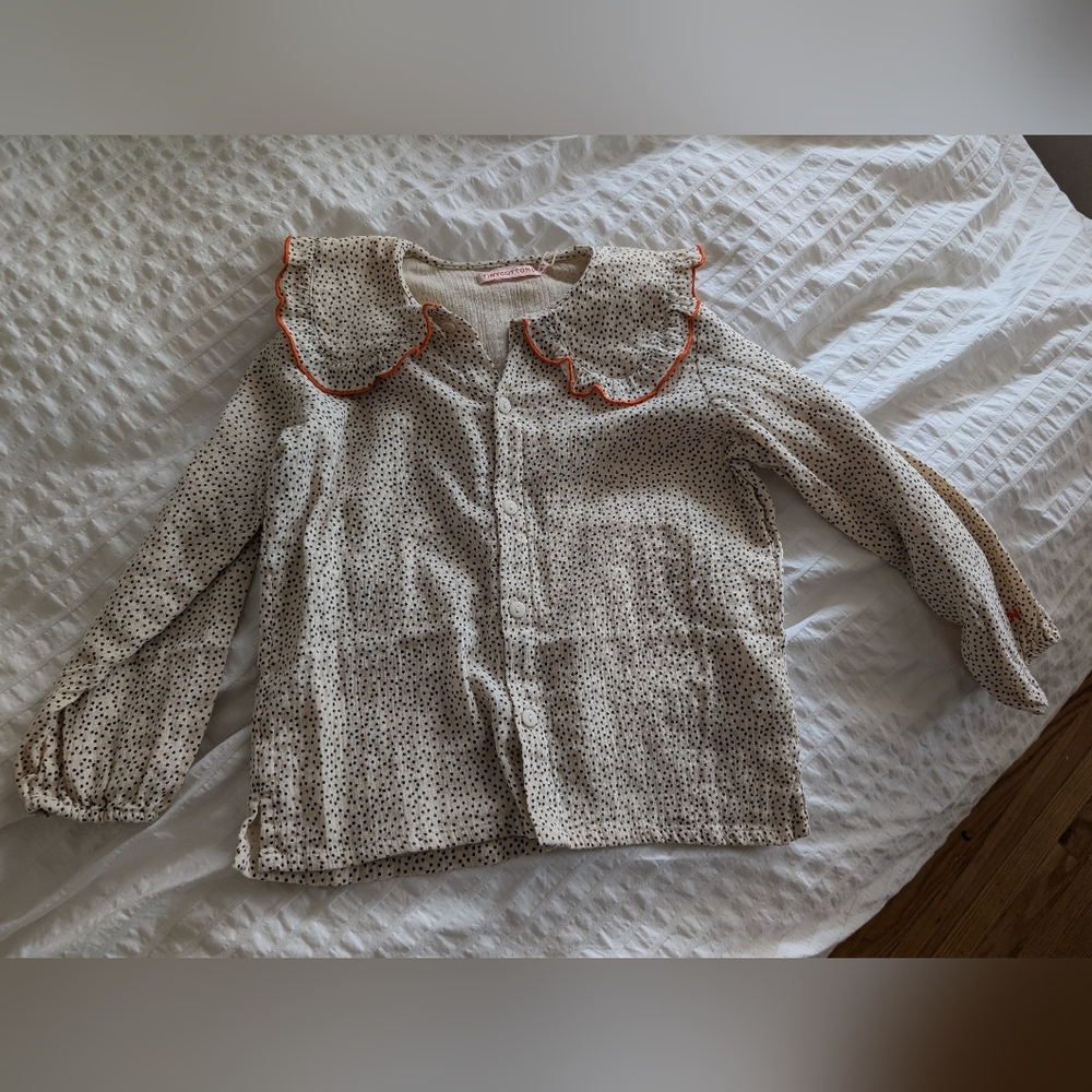 BNWT Tinycottons Girls Sz 6 Polka Dot Ruffle Collar Blouse with Orange Trim